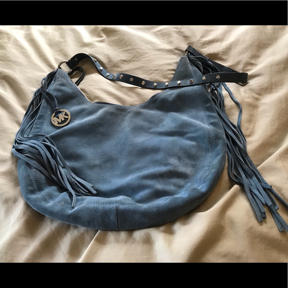 Rhea Large Hobo Fringe Blue Suede Shoulder Bag